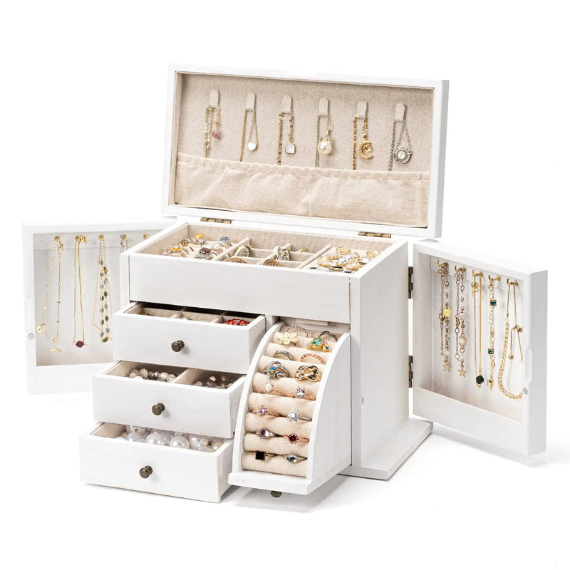 Poyilooo Jewelry Box Organizer Solid Wood Jewelry Boxes for Women for Storage & Display Necklace Ring Earring Bracelet Rustic Style Jewelry Organizer Box for Women Gifts (Weathered White)